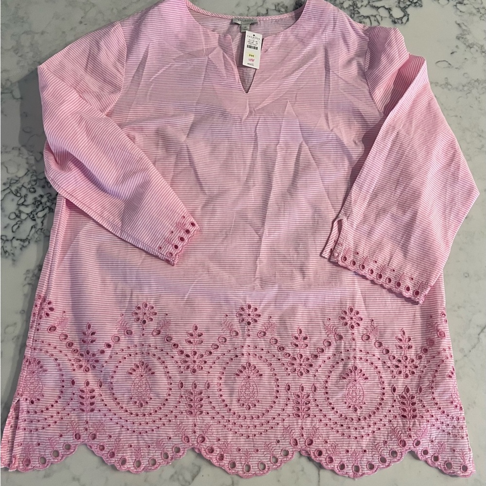 New Talbots Pink White Stripe Shirt Size PM Eyelet Blouse 100% Cotton